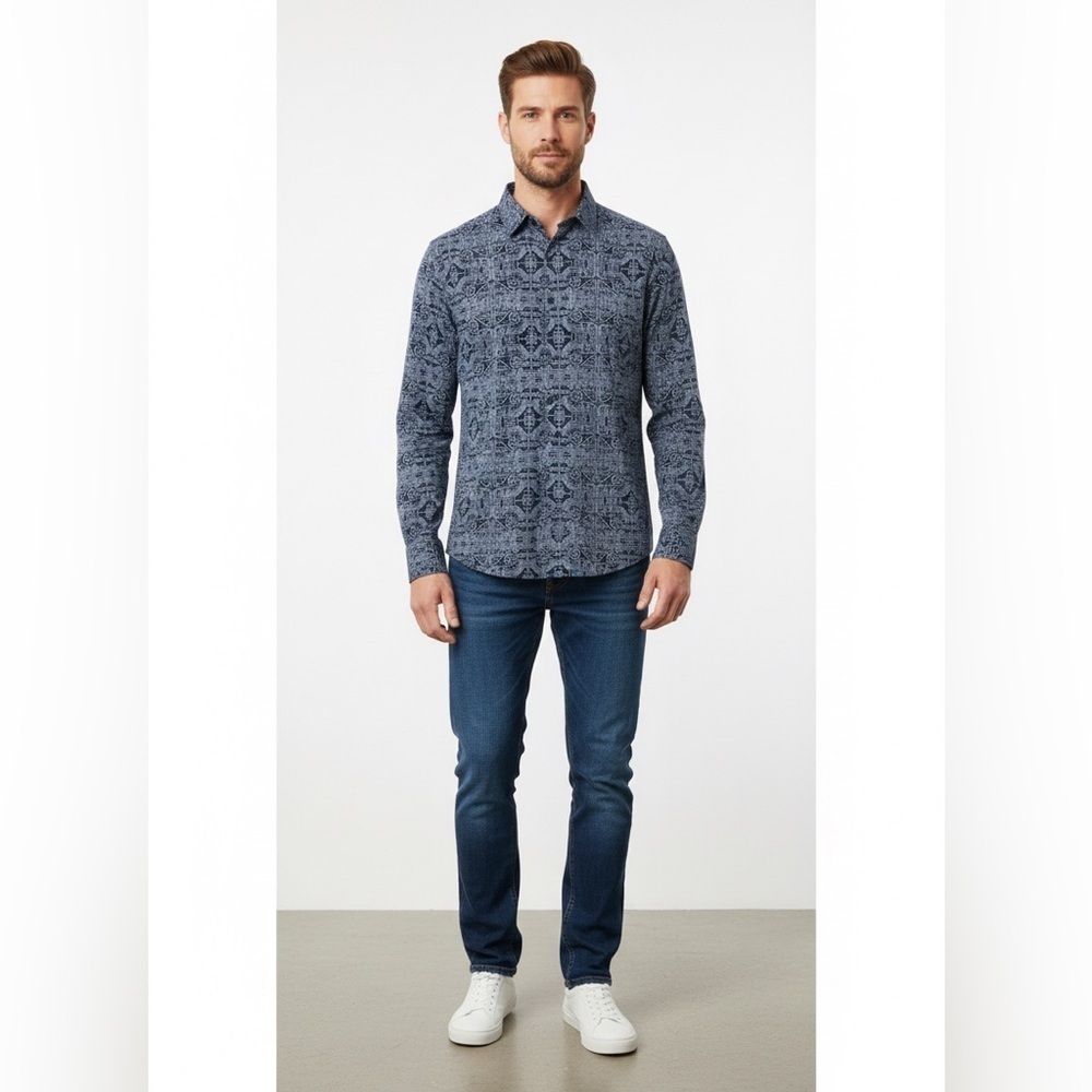 Murano Men’s Dark Blue Geometric Print Long Sleeve Button Down Shirt Size Large